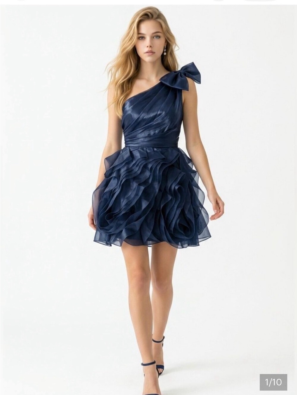 White by Vera Wang One-Shoulder Shimmery Navy Blue Cocktail Dress - Picture 4 of 5
